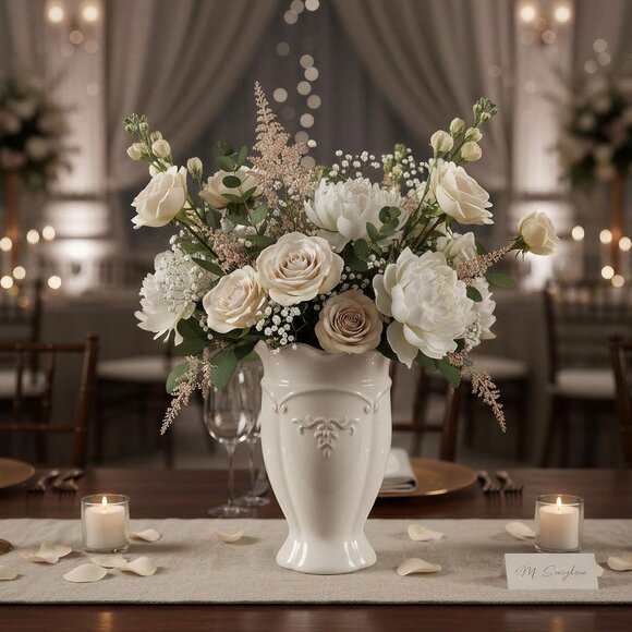 White Ceramic Flower Vase 6.8 Inch Small French Vintage Home Table Decor - Picture 2 of 8